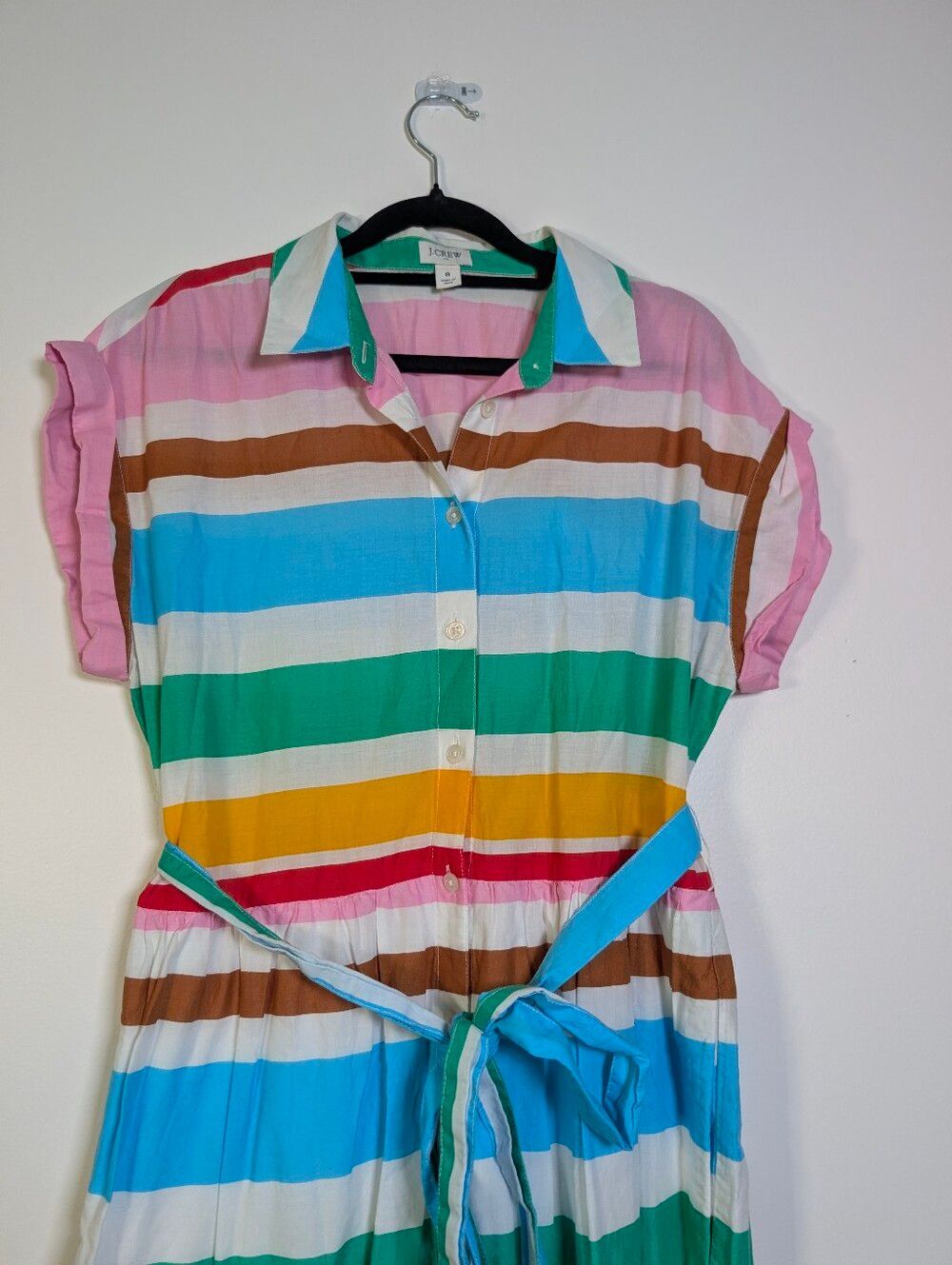 J.Crew Rainbow Stripe Cotton Shirt Dress Belted Midi Summer Colorful Size 8 - Picture 6 of 9
